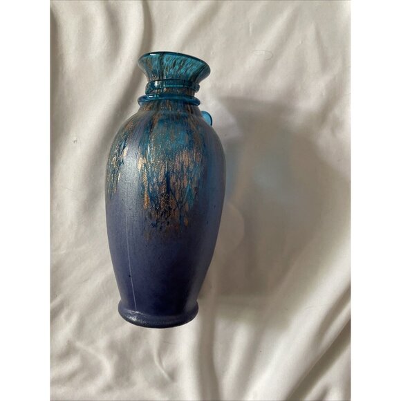 Handmade Blue & Gold Art Glass Vase With Textured Design - Decorative Accent Pie - Picture 8 of 14